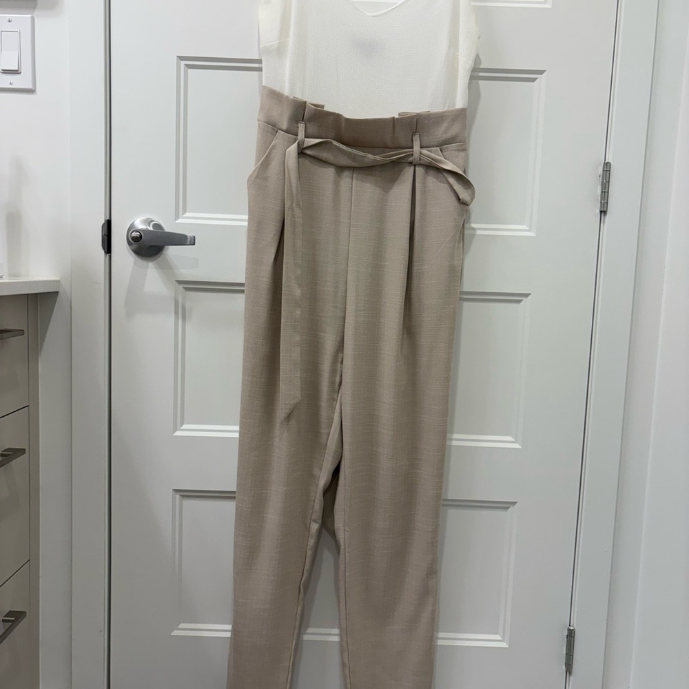 Chic Tan Jumpsuit with Paper Bag Waist and Pleated Front